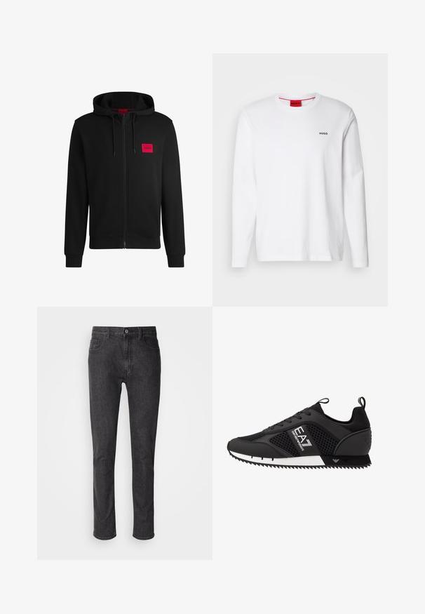 Črna zip-up kapuca iz mehkega blaga, z rdečim pravokotnim logotipom na levi strani prsnega koša in kapuco s vrvico.; Bela srajca z dolgimi rokavi, izdelana iz bombaža, z okroglim izrezom, črnim logotipom "HUGO" na levem prsnem delu in gladko teksturo.; Sive traperice z ravnim krojem, pet žepov, gumbom za zapiranje in subtilnimi šivi. Gladka tekstura, klasičen kroj.; EA7 Emporio Armani Športni copati - black/white