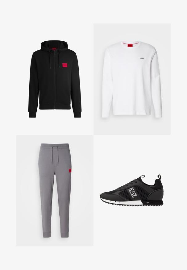 Black zip-up hoodie made of soft fabric, featuring a red rectangular logo patch on the left chest and drawstring hood.; White long-sleeve shirt made of cotton, featuring a round neckline, black "HUGO" logo on the left chest, and a smooth texture.; Gray sweatpants made of soft fabric, featuring a drawstring waist, ribbed cuffs, and a small red logo patch on the left thigh.; EA7 Emporio Armani Trainers - black/white