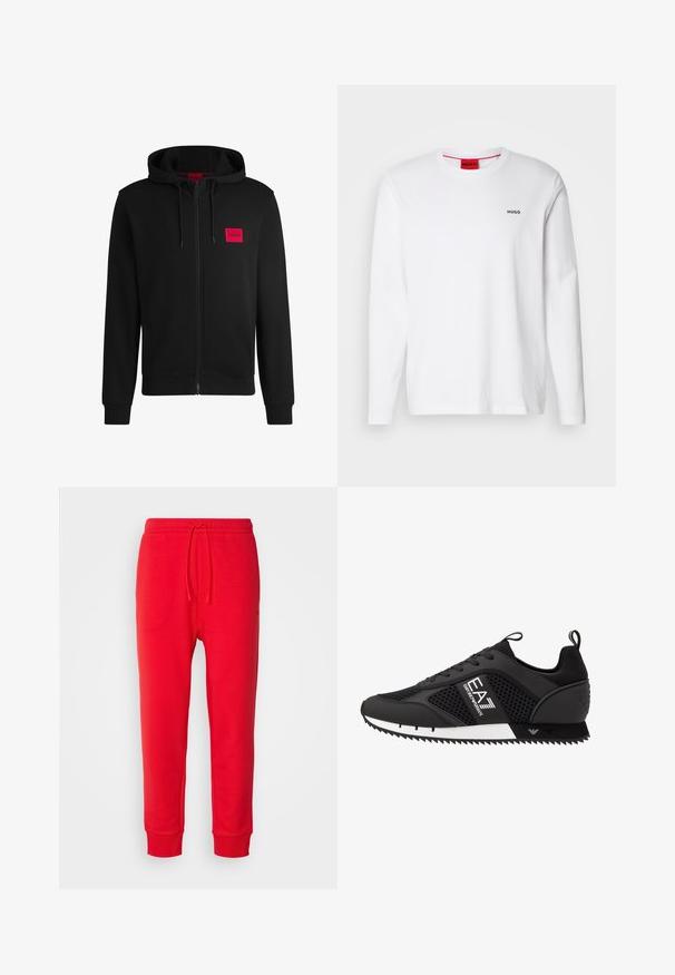 Črna zip-up kapuca iz mehkega blaga, z rdečim pravokotnim logotipom na levi strani prsnega koša in kapuco s vrvico.; Bela srajca z dolgimi rokavi, izdelana iz bombaža, z okroglim izrezom, črnim logotipom "HUGO" na levem prsnem delu in gladko teksturo.; Rde hlače za telovadbo z elastičnim pasom in vrvico. Prilagojeni manšeti na gležnjih. Narejene iz mehkega, elastičnega materiala. Brez vzorcev ali dodatkov.; EA7 Emporio Armani Športni copati - black/white