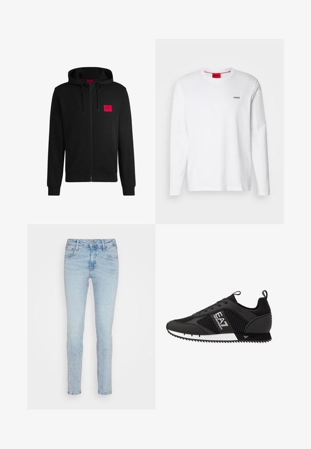 Czarny rozpinany hoodie wykonany z miękkiego materiału, z czerwoną prostokątną naszywką logo na lewej piersi i kapturem ze sznurkiem.; Biała koszula z długim rękawem z bawełny, z okrągłym dekoltem, czarnym logo "HUGO" na lewej piersi oraz gładką fakturą.; Jasnoniebieskie dżinsy o slim fit, z klasycznym pięciopocketowym wzorem, szlufkami na pasek i zapinane na zamek. Miękka tekstura z lekko wyblakłym odcieniem.; EA7 Emporio Armani - Sneakersy niskie
