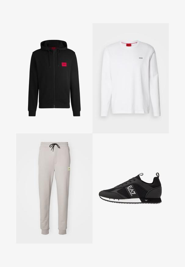 Čierna mikina na zips vyrobená z mäkkej látky, s červeným obdĺžnikovým logom na ľavej hrudi a sťahovacou kapucňou.; Biela dlhá bavlnená košeľa s dlhým rukávom, so zaobleným výstrihom, čiernym logom "HUGO" na ľavej hrudi a hladkou textúrou.; Svetlošedé tepláky vyrobené z mäkkej bavlnenej zmesi, s elastickým pásom a čiernou šnúrkou, bočnými vreckami a manžetami na členkoch.; EA7 Emporio Armani LACES UNISEX - Tenisky - black/white