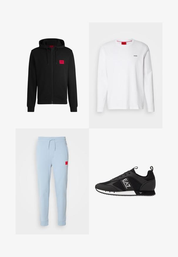 Sudadera negra con cremallera hecha de un tejido suave, con un parche rectangular rojo en el lado izquierdo del pecho y capucha con cordón.; Camisa blanca de manga larga hecha de algodón, con un cuello redondo, logo negro "HUGO" en el lado izquierdo del pecho y una textura suave.; Joggers de algodón de color azul claro con cintura ajustable, bolsillos laterales y un pequeño parche de logo rojo en el lado izquierdo. Puños ajustados en los tobillos.; EA7 Emporio Armani Zapatillas - black/white