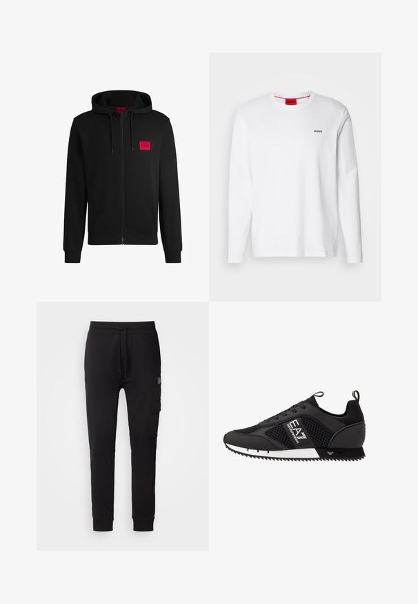 Svart zip-up huvtröja gjord av mjukt tyg, med en röd rektangulär logotyp på vänster bröst och dragsko i huvan.; Vit långärmad skjorta i bomull, med rund halsringning, svart "HUGO"-logotyp på vänster bröst och en mjuk textur.; Svarta bomullssweatpants med tapered fit, elastisk midja med dragsko och sidofickor. Slät textur och minimalistisk design.; EA7 Emporio Armani Sneakers - black/white