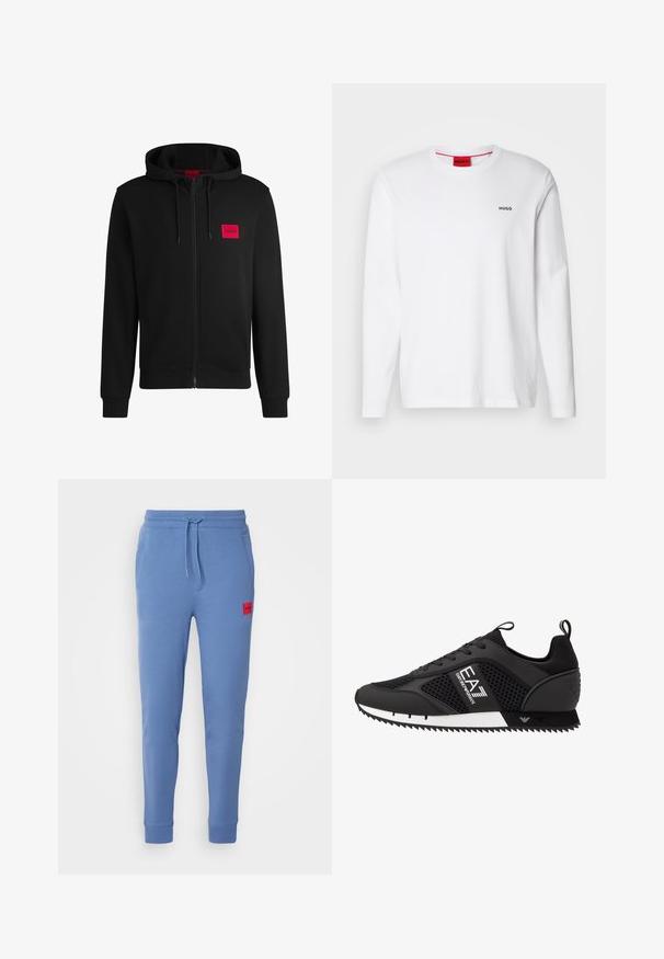 Schwarze Zip-Hoodie aus weichem Stoff, mit einem roten rechteckigen Logo-Patch auf der linken Brust und Kapuze mit Kordelzug.; Weißes Langarmshirt aus Baumwolle mit Rundhalsausschnitt, schwarzem "HUGO"-Logo auf der linken Brust und glatter Textur.; Blaue Baumwoll-Jogginghosen mit elastischem Taillenbund und Kordelzug. Mit seitlichen Taschen und einem roten Logo-Patch am linken Oberschenkel.; EA7 Emporio Armani Sneaker low - black/white