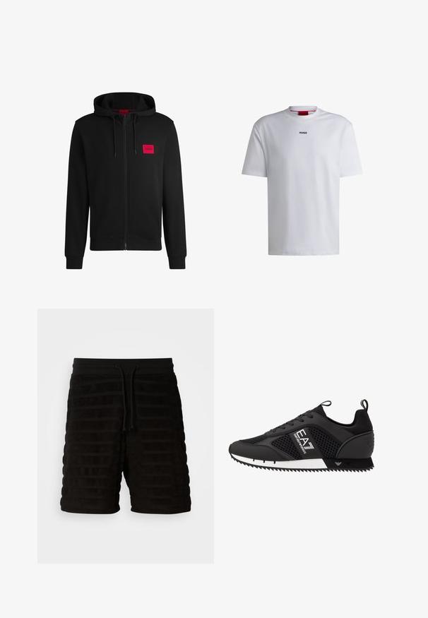 Juodas zip-up hoodie, pagamintas iš minkštos medžiagos, su raudonu stačiakampiu logotipo emblema kairiajame krūtinės šone ir su reguliuojama kapuce.; Balta medvilninė t-shirt su trumpomis rankovėmis, apvaliu iškirpimu ir juodu "HUGO" logotipu krūtinėje. Lygus paviršius, laisvas kirpimas, be raštų.; Juodos tekstūruotos šortai su horizontaliu briaunotu raštu, elastinga juosta ir raišteliu. Minkšta medžiaga su kasdiene dizainu patogumui.; EA7 Emporio Armani LACES UNISEX - Sportbačiai - black/white