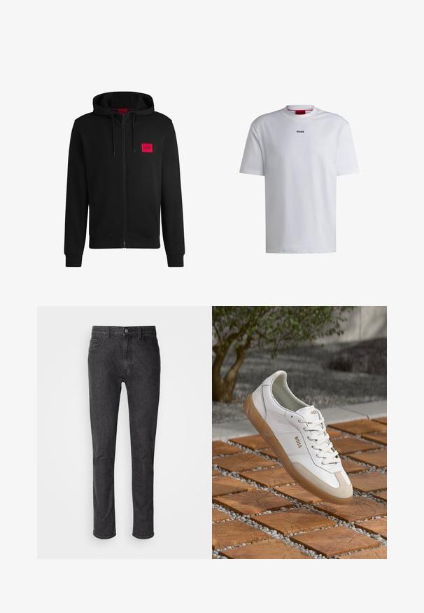 Mustmust sinine kapuutsiga ja pehme kangaga, millel on vasakul rinnal punane ristkülikukujuline logo ja nööriga kapuuts.; Valge puuvillane T-särk lühikeste varrukatega, ümar kaelus ja must "HUGO" logo rinnal. Ühtlane tekstuur, vabalt lõigatud, ilma mustriteta.; Hallid denimist teksad, millel on sirge lõige, viis taskut, nupuga sulgemine ja tagasihoidlikud õmblusdetailid. Sujuv tekstuur, klassikaline istuvus.; Valge nahast sneaker, millel on beežist suede'ist detailid, ümar varvas, paelad ees ja pruun kummist tald, millel on brändinimi "BOSS."