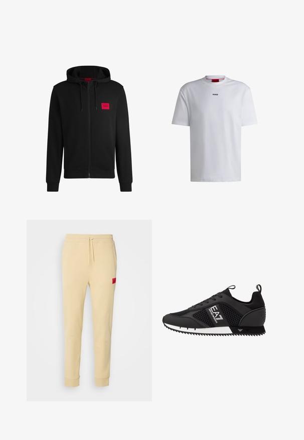 Moleton preto com fecho, feito de um tecido suave, apresentando um patch de logo retangular vermelho no lado esquerdo do peito e capuz com cordão.; T-shirt branca de algodão com mangas curtas, decote redondo e um logo preto "HUGO" no peito. Textura suave, corte casual, sem padrões.; Calças jogger beiges feitas de tecido macio. Cintura elástica com cordão, bolsos laterais, pernas ajustadas e um patch de logótipo vermelho na coxa esquerda.; EA7 Emporio Armani Sapatilhas - black/white