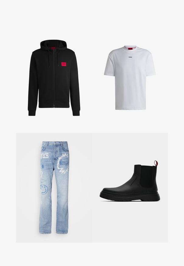 Sudadera negra con cremallera hecha de un tejido suave, con un parche rectangular rojo en el lado izquierdo del pecho y capucha con cordón.; Camiseta de algodón blanca con mangas cortas, cuello redondo y un logo negro "HUGO" en el pecho. Textura suave, corte casual, sin estampados.; Jeans de mezclilla azul claro con piernas rectas, que presentan varios diseños bordados en azul y blanco, incluyendo texto y una cara sonriente.; Botín negro con un acabado liso, paneles laterales elásticos y una lengüeta de tirón roja contrastante, que presenta una suela de goma gruesa y punta redondeada.