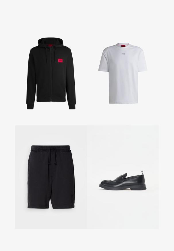 Hanorac negru cu fermoar, fabricat dintr-un material moale, cu un patch rectangular roșu pe pieptul stâng și glugă cu șnur.; Tricou alb din bumbac cu mâneci scurte, decolteu în formă rotundă și un logo negru "HUGO" pe piept. Textură netedă, croială casual, fără modele.; Șorturi din bumbac negre cu talie elastică și șnur. Prezintă buzunare laterale și un branding subtil embosat pe partea stângă jos a piciorului.; Mocasini negri din piele cu vârful rotund, detaliu cu curea frontală și talpă din cauciuc joasă. Prezintă cusături subtile și o bandă de prindere în spate.
