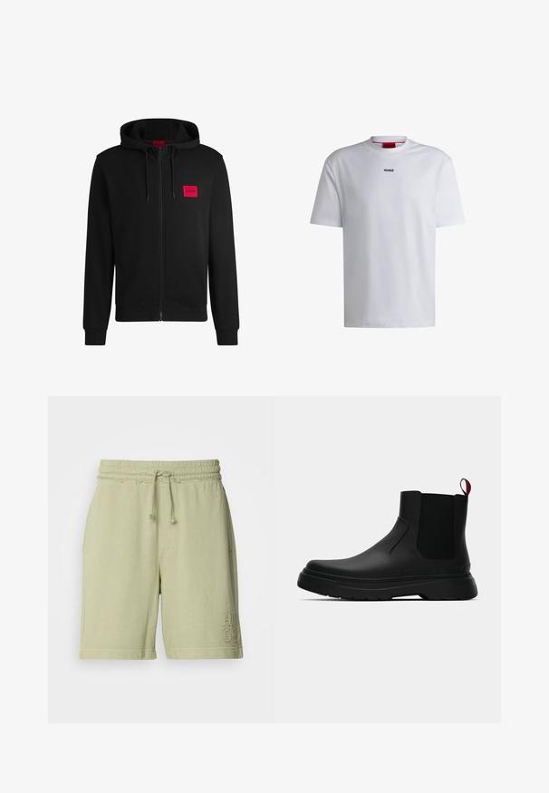 Svart hettejakke med glidelås laget av myk stoff, med et rødt rektangulært logo merke på venstre bryst og snorhette.; Hvit bomulls T-skjorte med korte ermer, rund halsåpning, og en svart "HUGO" logo på brystet. Glatt tekstur, avslappet passform, uten mønstre.; Lys grønn bomullsblandingsshorts med elastisk midje og justerbar snor. Har sidelommer og brodert logo på beinet.; Sorte ankelstøvler med en glat overflade, elastiske sidepaneler og en kontrastfyldt rød trækflik, med en tykk gummisål og rund tå.