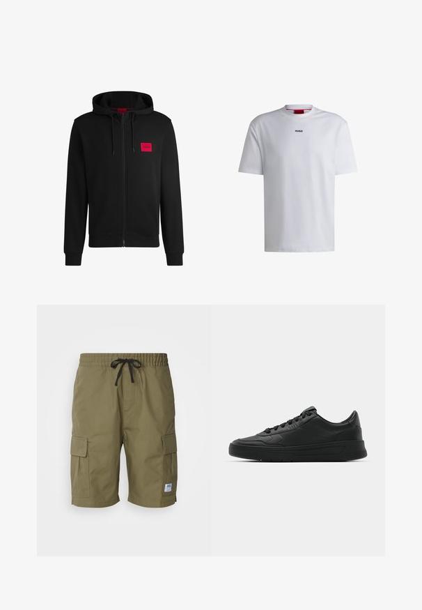 Hoodie zippé noir en tissu doux, avec un patch logo rectangulaire rouge sur la poitrine gauche et une capuche avec cordon de serrage.; T-shirt en coton blanc à manches courtes, col rond et avec un logo "HUGO" noir sur la poitrine. Texture lisse, coupe décontractée, sans motifs.; Shorts cargo vert olive en tissu léger, dotés d'une taille élastique avec cordon de serrage et de poches cargo latérales.; Baskets noires avec tige en cuir lisse, bout rond, lacets plats, col rembourré et design minimaliste. Semelle en caoutchouc avec un motif de traction subtil.