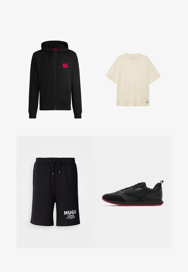 Fekete zipzáras kapucnis pulóver, puha anyagból készült, bal mellen piros téglalap alakú logóval és állítható kapucnival.; Tej színű pamut póló, kerek nyakkivágással, rövid ujjal, a jobb alsó részen egy diszkrét hímzett logóval.; Fekete pamut rövidnadrág, rugalmas derékkal és húzózsinórral. Fehér "HUGO" logó a bal lábszáron. Egyszerű dizájn, térdhez érő vágás.; Fekete sportcipő sima textil felsőrésszel, vörös gumitalppal, fűzős kialakítással és hátsó húzófüllel a könnyű felhúzáshoz.