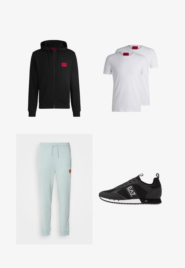 Crna zip-up dukserica napravljena od mekanog materijala, s crvenim pravokutnim logotipom na lijevoj strani prsnog koša i kapuljačom s vezicom.; Dve obične bijele majice s kratkim rukavima, okruglog izreza, od pamuka, s crvenom HUGO oznakom na izrezu. Bez uzoraka ili grafika.; HUGO DOAK - Donji dijelovi trenirke - open grey; EA7 Emporio Armani Tenisice - black/white