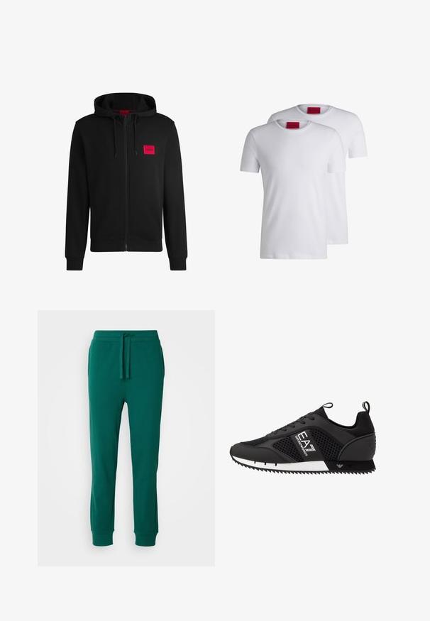 Zwarte zip-up hoodie van zacht materiaal, met een rood rechthoekig logo patch op de linkerborst en een verstelbare capuchon.; Twee plain witte T-shirts met ronde hals, korte mouwen, gemaakt van katoen, met een rode HUGO-label bij de hals. Geen patronen of graphics.; Groene katoenen joggers met een elastische tailleband, touwtjes en aansluitende enkels. Soepele textuur met een effen kleur en geen zichtbare patronen.; EA7 Emporio Armani LACES UNISEX - Sneakers laag - black/white
