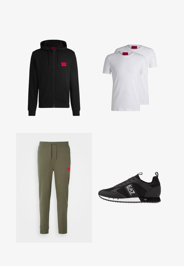 Schwarze Zip-Hoodie aus weichem Stoff, mit einem roten rechteckigen Logo-Patch auf der linken Brust und Kapuze mit Kordelzug.; Zwei schlichte weiße T-Shirts mit Rundhalsausschnitt, Kurzarm, aus Baumwolle, mit einem roten HUGO-Label am Ausschnitt. Keine Muster oder Grafiken.; HUGO DOAK - Jogginghose - dark beige; EA7 Emporio Armani LACES UNISEX - Sneaker low - black/white