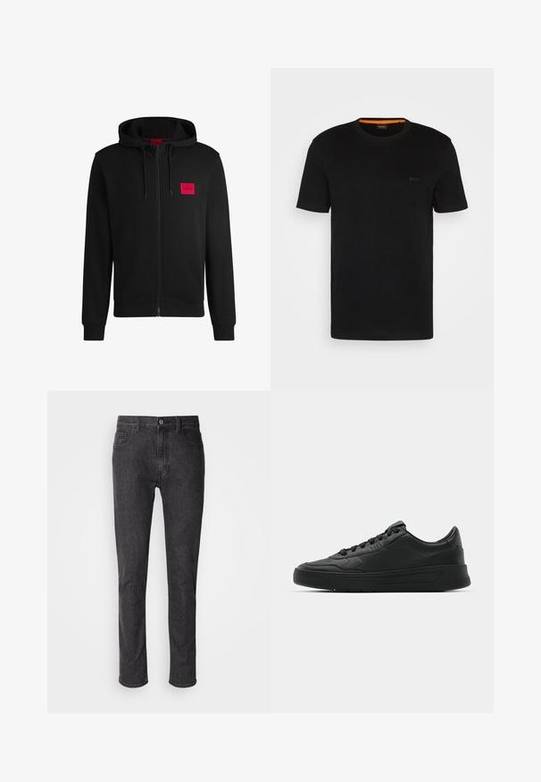 Black zip-up hoodie made of soft fabric, featuring a red rectangular logo patch on the left chest and drawstring hood.; Black short-sleeve t-shirt made of soft fabric, featuring a round neckline and a subtle logo on the front. Inside collar has orange accent.; Gray denim jeans featuring a straight-leg design, five pockets, a button closure, and subtle stitching details. Smooth texture, classic fit.; Black sneaker with smooth leather upper, round toe, flat laces, cushioned collar, and minimalistic design. Rubber sole with subtle tread pattern.