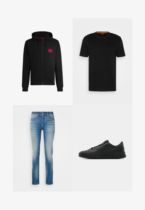 Black zip-up hoodie made of soft fabric, featuring a red rectangular logo patch on the left chest and drawstring hood.; Black short-sleeve t-shirt made of soft fabric, featuring a round neckline and a subtle logo on the front. Inside collar has orange accent.; Light blue denim jeans with a straight fit, featuring five pockets and subtle fading on the thighs. Metal button and zipper closure.; Black sneaker with smooth leather upper, round toe, flat laces, cushioned collar, and minimalistic design. Rubber sole with subtle tread pattern.