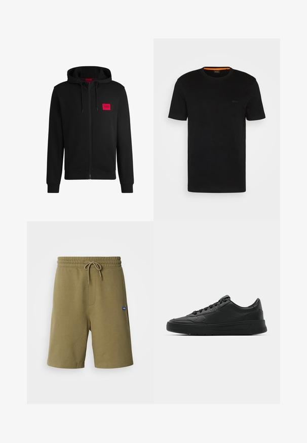 Sudadera negra con cremallera hecha de un tejido suave, con un parche rectangular rojo en el lado izquierdo del pecho y capucha con cordón.; Camiseta negra de manga corta hecha de una tela suave, con un escote redondo y un logo discreto en la parte delantera. El interior del cuello tiene un acento naranja.; Pantalones cortos atléticos color caqui, confeccionados con una suave mezcla de algodón, que cuentan con una cinturilla elástica con cordón, bolsillos laterales y un parche con el logotipo.; Zapatilla negra con parte superior de cuero liso, puntera redonda, cordones planos, cuello acolchado y diseño minimalista. Suela de goma con un patrón de relieve sutil.