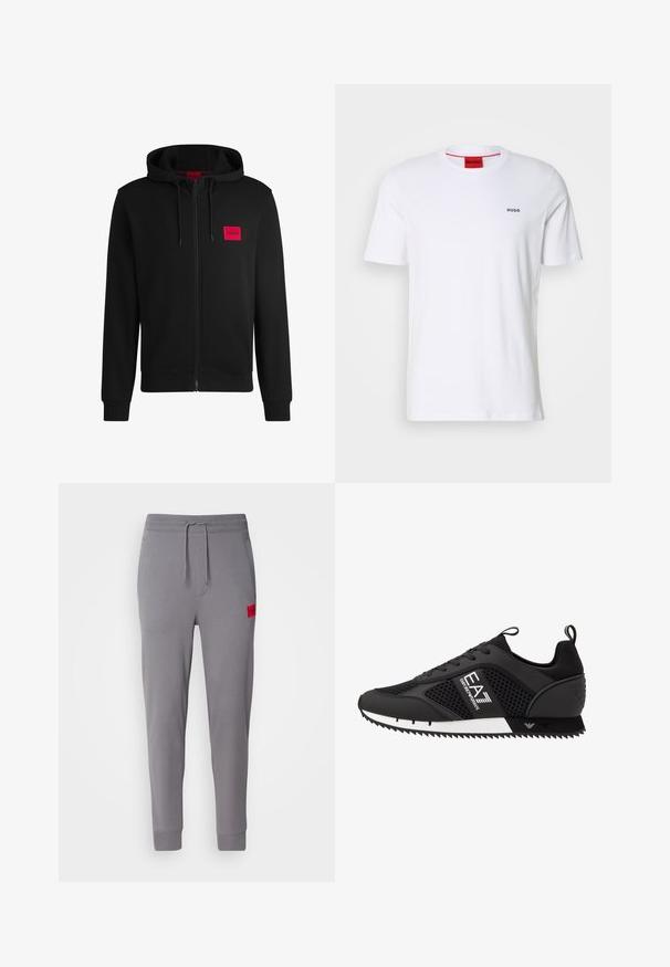 Black zip-up hoodie made of soft fabric, featuring a red rectangular logo patch on the left chest and drawstring hood.; White cotton t-shirt with short sleeves, a round neckline, and small black "HUGO" logo on the left chest. Features red inner neck label.; Gray sweatpants made of soft fabric, featuring a drawstring waist, ribbed cuffs, and a small red logo patch on the left thigh.; EA7 Emporio Armani Trainers - black/white