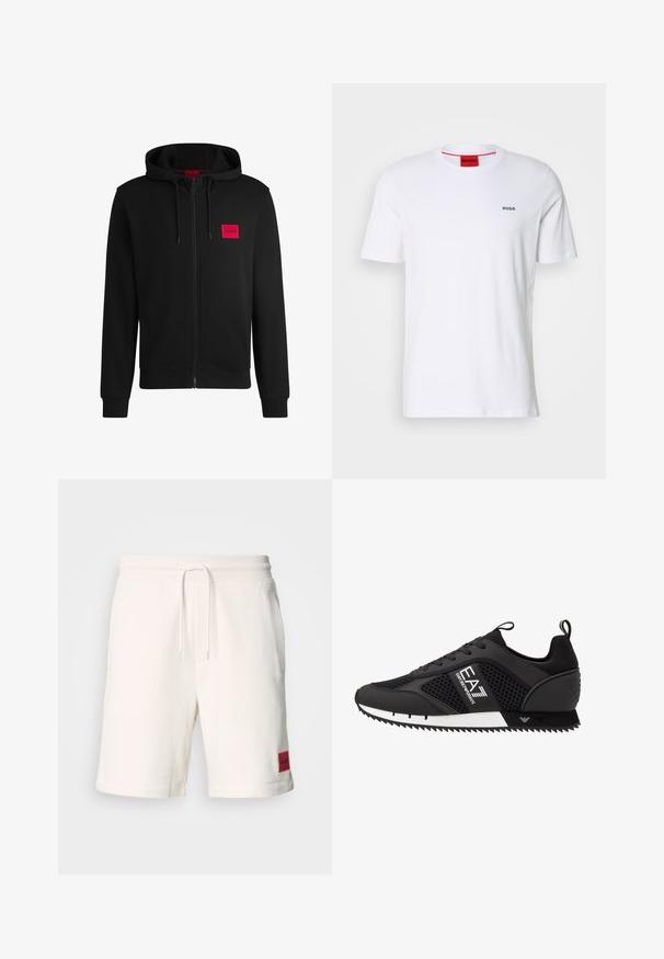 Black zip-up hoodie made of soft fabric, featuring a red rectangular logo patch on the left chest and drawstring hood.; White cotton t-shirt with short sleeves, a round neckline, and small black "HUGO" logo on the left chest. Features red inner neck label.; Cream-colored cotton shorts with an elastic waistband, drawstring, and side pockets. Features a red branded patch on the left thigh.; EA7 Emporio Armani Trainers - black/white