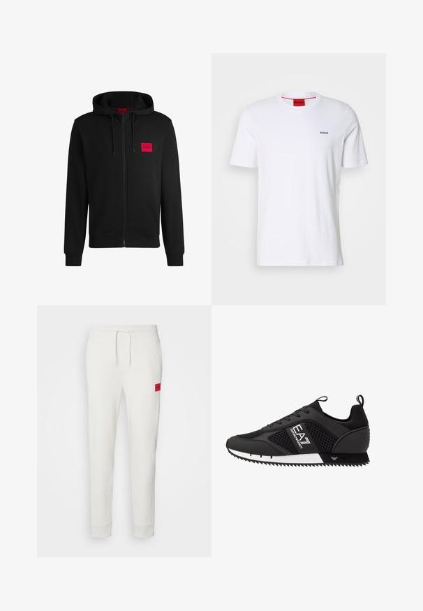 Svart hettejakke med glidelås laget av myk stoff, med et rødt rektangulært logo merke på venstre bryst og snorhette.; Hvit bomull t-skjorte med korte ermer, rund halslinning og lite svart "HUGO"-logo på venstre bryst. Har rød etikett i nakken.; HUGO DOAK - Joggebukse - natur; EA7 Emporio Armani Joggesko - black/white