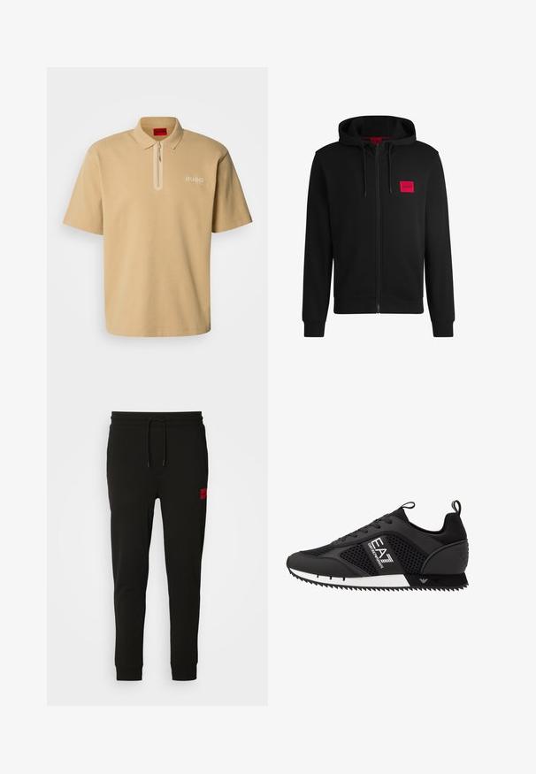 Černá zipová mikina vyrobená z měkké tkaniny, s červeným obdélníkovým logem na levé hrudi a kapucí na šňůrku.; Béžová polo košile s polo zipem, krátkým rukávem a logem v bílé barvě. Vyrobená z hladkého materiálu s klasickým designem límce.; Černé teplákové kalhoty vyrobené z měkké tkaniny, s elastickým pasem na šňůrku, úzkým střihem a červenou nášivkou loga na levém stehně.; EA7 Emporio Armani Tenisky - black/white