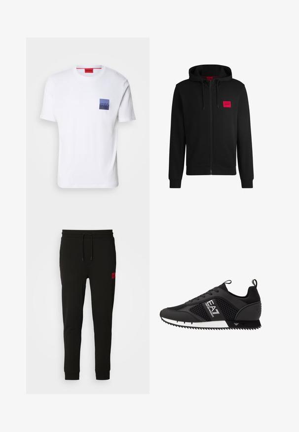 Mustmust sinine kapuutsiga ja pehme kangaga, millel on vasakul rinnal punane ristkülikukujuline logo ja nööriga kapuuts.; Valge puuvillane T-särk lühikeste varrukatega, millel on sinine ja lillakate ruuduline rinna tasku, millel on valge "HUGO" logo. Punane kaelusetikett.; Musta trenningpükste komplekt, mis on valmistatud pehmest kangast, jooned paisutamiseks, kitsas lõige ja punane logopatch vasakul reiel.; EA7 Emporio Armani LACES UNISEX - Tossud - black/white