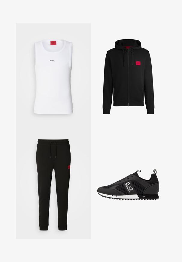 Sudadera negra con cremallera hecha de un tejido suave, con un parche rectangular rojo en el lado izquierdo del pecho y capucha con cordón.; Top blanco sin mangas hecho de tejido elástico, con un escote redondo, diseño sin mangas y un pequeño logotipo negro "HUGO" en el frente.; Pantalones de chándal negros hechos de tela suave, con cintura ajustable con cordón, corte slim y un parche de logo rojo en el muslo izquierdo.; EA7 Emporio Armani LACES UNISEX - Zapatillas - black/white