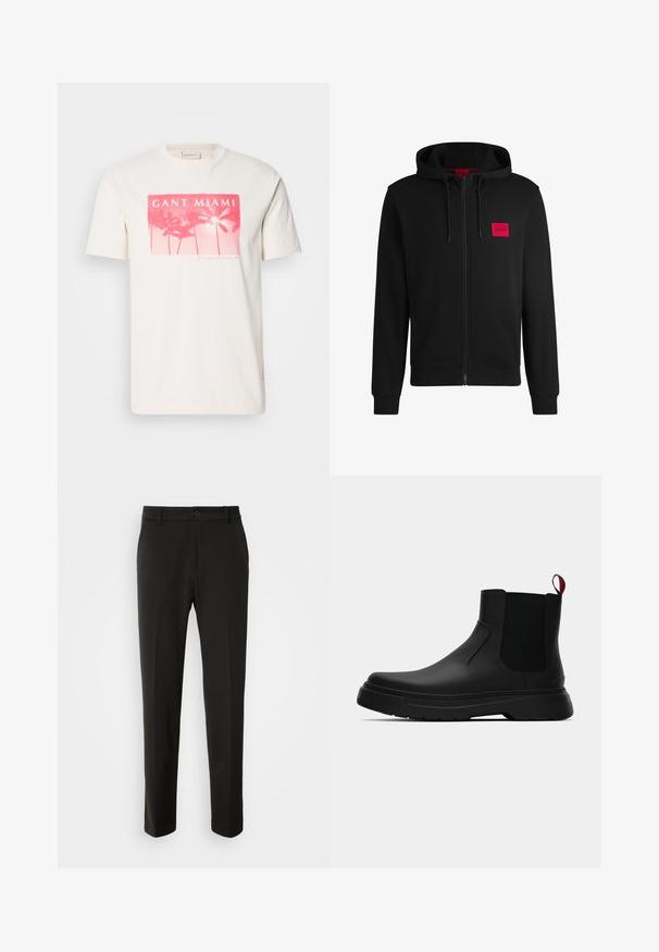 Black zip-up hoodie made of soft fabric, featuring a red rectangular logo patch on the left chest and drawstring hood.; White cotton t-shirt featuring a pink graphic print with palm trees and "GANT MIAMI" text. Short sleeves and a crew neck design.; Black trousers made of smooth fabric, featuring straight legs, a button closure, and a classic design suitable for formal or casual wear.; Black ankle boot with a smooth finish, elastic side panels, and a contrasting red pull tab, featuring a thick rubber sole and rounded toe.