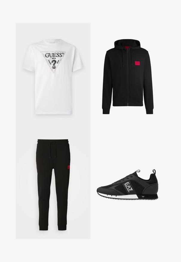Hoodie zippé noir en tissu doux, avec un patch logo rectangulaire rouge sur la poitrine gauche et une capuche avec cordon de serrage.; T-shirt en coton blanc avec un logo triangulaire noir et coloré, accompagné de texte. Manches courtes et encolure ronde, texture lisse.; Pantalons de survêtement noirs en tissu doux, avec une taille à cordon, coupe slim et un patch logo rouge sur la cuisse gauche.; EA7 Emporio Armani Baskets basses - black/white