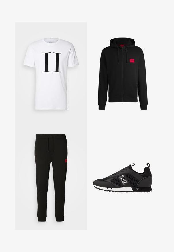 Moleton preto com fecho, feito de um tecido suave, apresentando um patch de logo retangular vermelho no lado esquerdo do peito e capuz com cordão.; T-shirt de algodão branca com uma impressão bold em preto de "II" ao centro. Gola redonda clássica e mangas curtas. Textura suave, ajuste relaxado.; Calças de treino pretas feitas de um tecido macio, com cintura elástica ajustável, ajuste slim e um emblema vermelho na coxa esquerda.; EA7 Emporio Armani Sapatilhas - black/white