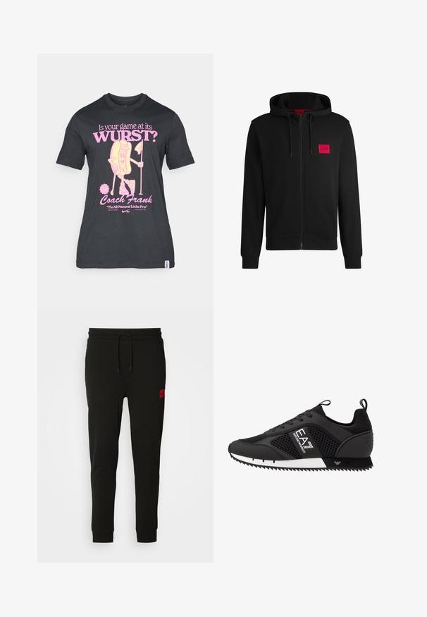 Čierna mikina na zips vyrobená z mäkkej látky, s červeným obdĺžnikovým logom na ľavej hrudi a sťahovacou kapucňou.; Čierne bavlnené tričko s krátkymi rukávmi a okrúhlym výstrihom, ktoré obsahuje hravú grafiku postavičky párku v rožku v ružovej farbe a text o golfe a trénerovi Frankovi.; Čierne tepláky vyrobené z mäkkého materiálu, s nastaviteľným pásom, slim fit strihom a červeným logom na ľavom stehne.; EA7 Emporio Armani LACES UNISEX - Tenisky - black/white