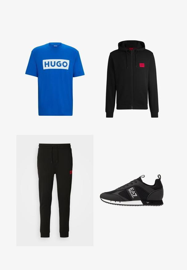 Svart hettejakke med glidelås laget av myk stoff, med et rødt rektangulært logo merke på venstre bryst og snorhette.; Blå bomull T-skjorte med en stor hvit rektangulær grafikk med teksten "HUGO" i fete blå bokstaver. Klassisk rund hals og korte ermer.; Sorte joggebukser laget av myk stoff, med snor i midjen, slim fit, og en rød logo-pute på venstre lår.; EA7 Emporio Armani LACES UNISEX - Joggesko - black/white