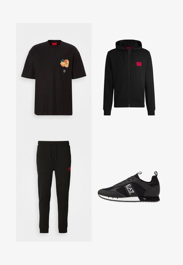 Juodas zip-up hoodie, pagamintas iš minkštos medžiagos, su raudonu stačiakampiu logotipo emblema kairiajame krūtinės šone ir su reguliuojama kapuce.; Juodos medvilnės marškinėliai su grafiniu spaudiniu, vaizduojančiu dvi oranžines puseles su žaliosiomis lapelėmis. Raudonas etiketas prie kaklo su „HUGO“ tekstu.; Juodos sportinės kelnės, pagamintos iš minkštos medžiagos, su raišteliu juosmens srityje, siaura fasonu ir raudonu logotipo ženkleliu kairėje šlaunyje.; EA7 Emporio Armani Sportbačiai - black/white