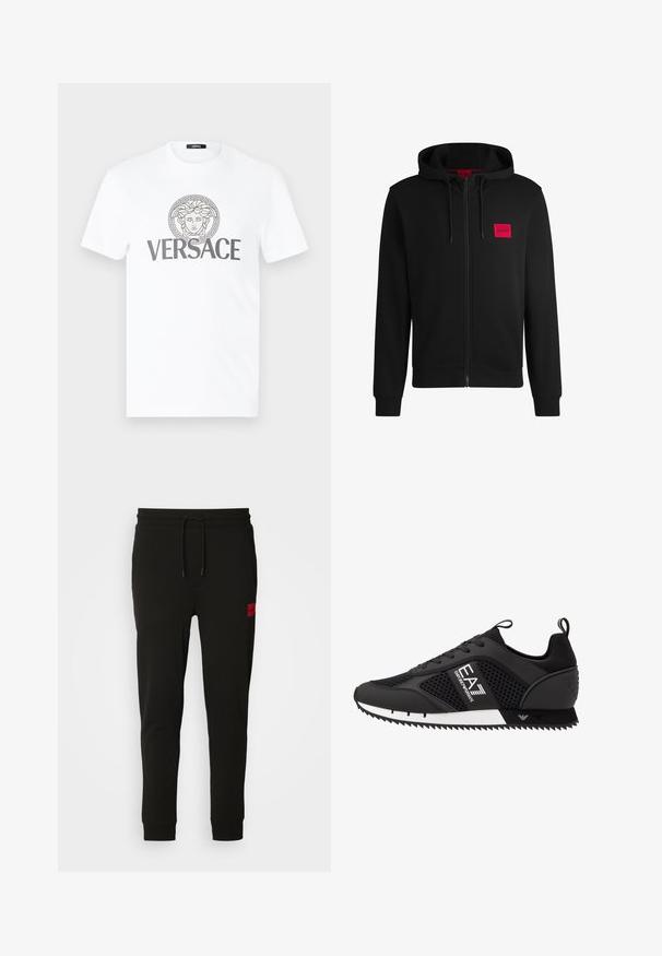 Melnā pieguļošā jaka ar rāvējslēdzēju, izgatavota no mīksta auduma, ar sarkanu taisnstūra formas logo uz kreisā krūtīm un regulējamu kapuci.; Balts kokvilnas T-krekls ar apaļu kaklu, kura dizainā ir pelēks Grieķu atslēgas motīvs un centrā izdrukāts Medūzas emblēma ar zemāk esošo tekstu "VERSACE".; Melni sporta bikses, kas izgatavotas no mīksta auduma, ar regulējamu jostasvietu, šauru piegriezumu un sarkanu logo uz kreisā augšstilba.; EA7 Emporio Armani LACES UNISEX - Treniņu apavi - black/white