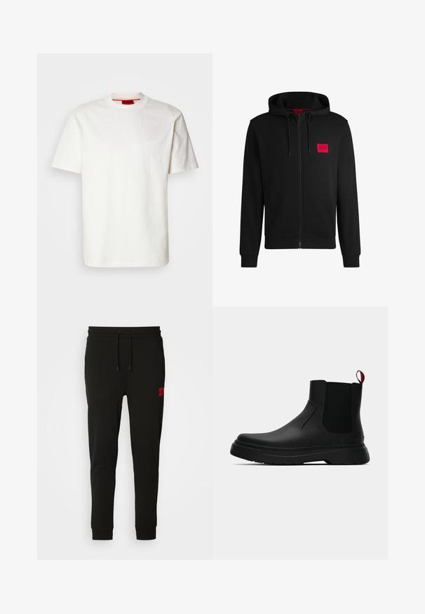 Juodas zip-up hoodie, pagamintas iš minkštos medžiagos, su raudonu stačiakampiu logotipo emblema kairiajame krūtinės šone ir su reguliuojama kapuce.; Lengvas baltas medvilninis marškinėliai su apvalia kaklo iškirpte, trumpomis rankovėmis ir subtiliu išsiuvinėtu logotipu ant krūtinės, pasižymintys lygaus paviršiaus tekstūra.; Juodos sportinės kelnės, pagamintos iš minkštos medžiagos, su raišteliu juosmens srityje, siaura fasonu ir raudonu logotipo ženkleliu kairėje šlaunyje.; Juodas kulkšninis batas su lygiu paviršiumi, elastiniais šonų intarpais ir kontrastingu raudonu kilimėliu, turintis storą guminį pado ir apvalią nosį.