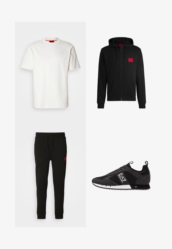 Čierna mikina na zips vyrobená z mäkkej látky, s červeným obdĺžnikovým logom na ľavej hrudi a sťahovacou kapucňou.; Ľahké biele bavlnené tričko s okrúhlym výstrihom a krátkymi rukávmi, s jemne vyšitým logom na hrudi, s hladkou textúrou.; Čierne tepláky vyrobené z mäkkého materiálu, s nastaviteľným pásom, slim fit strihom a červeným logom na ľavom stehne.; EA7 Emporio Armani LACES UNISEX - Tenisky - black/white