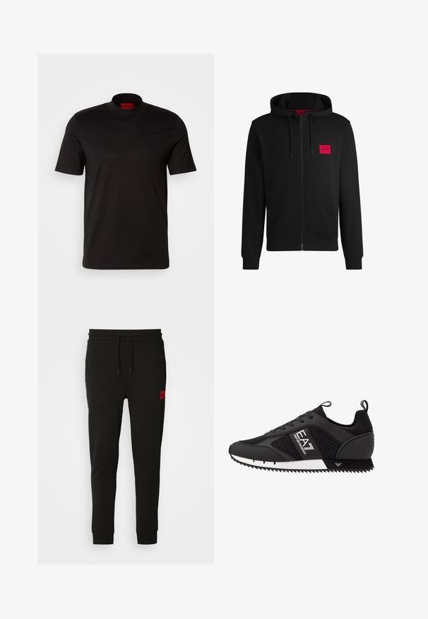 Fekete zipzáras kapucnis pulóver, puha anyagból készült, bal mellen piros téglalap alakú logóval és állítható kapucnival.; Fekete, rövid ujjú póló, magas nyakkivágással. Simább anyagból készült. Belső gallérján piros márkajelzés található.; Fekete melegítőnadrág puha anyagból, húzózsinóros derékkal, slim fit kialakítással, és egy piros logóval a bal combon.; EA7 Emporio Armani Sportcipő - black/white
