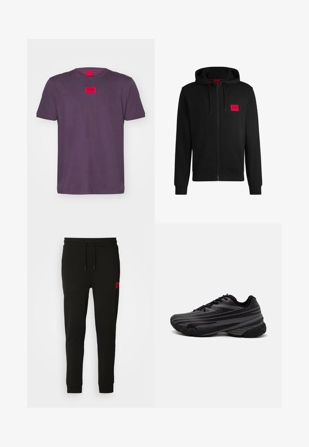 Sort zip-hoodie lavet af blødt stof, med et rødt rektangulært logo patch på venstre bryst og hætte med snore.; HUGO DIRAGOLINO - T-shirts basic - open purple; Sorte sweatpants lavet af blødt stof, med elastik i taljen, slim fit og et rødt logo-patch på venstre lår.; Sort løbesko med en struktureret overdel og grå striber. Tykk sål for støddæmpning, rund tå og flade snørebånd for et sikkert fit.