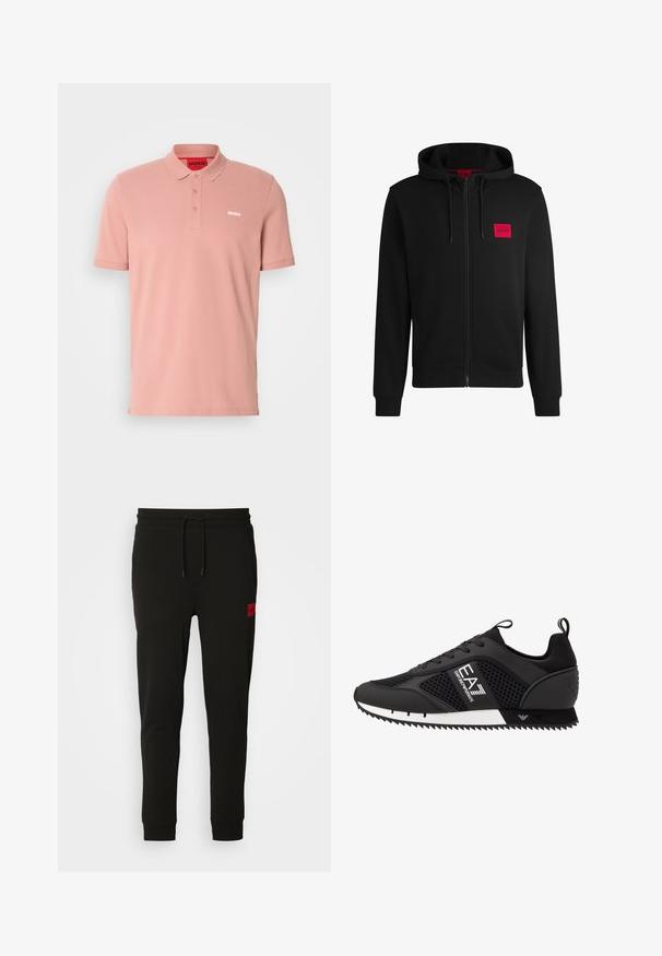 Fekete zipzáras kapucnis pulóver, puha anyagból készült, bal mellen piros téglalap alakú logóval és állítható kapucnival.; Polo ing puha rózsaszín pamutból, gallérral, három gombos nyakkivágással és fehér "HUGO" logóval a mellen. Simább textúra, rövid ujjakkal.; Fekete melegítőnadrág puha anyagból, húzózsinóros derékkal, slim fit kialakítással, és egy piros logóval a bal combon.; EA7 Emporio Armani LACES UNISEX - Sportcipő - black/white