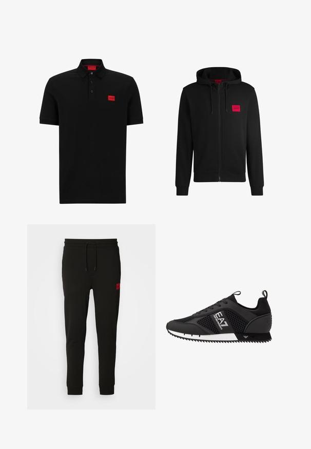 Svart zip-up huvtröja gjord av mjukt tyg, med en röd rektangulär logotyp på vänster bröst och dragsko i huvan.; Svart pikétröja med korta ärmar, ribbad krage, treknapplås och röd logotyp-patch på vänster bröst. Mjuk, slät tyg.; Svarta sweatpants i mjukt material, med dragsko i midjan, slim fit och en röd logotyp på vänster lår.; EA7 Emporio Armani Sneakers - black/white