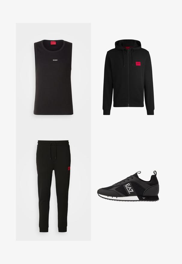 Melnā pieguļošā jaka ar rāvējslēdzēju, izgatavota no mīksta auduma, ar sarkanu taisnstūra formas logo uz kreisā krūtīm un regulējamu kapuci.; Melnā bezpiedurkņu T-kreklā, kas izgatavots no mīksta kokvilnas, ir apļveida dekoltē un baltā "HUGO" logo priekšpusē. Vienkāršs un pieguļošs dizains.; Melni sporta bikses, kas izgatavotas no mīksta auduma, ar regulējamu jostasvietu, šauru piegriezumu un sarkanu logo uz kreisā augšstilba.; EA7 Emporio Armani Treniņu apavi - black/white