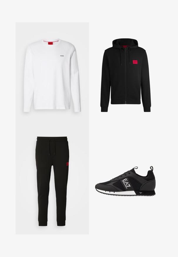 Fekete zipzáras kapucnis pulóver, puha anyagból készült, bal mellen piros téglalap alakú logóval és állítható kapucnival.; Fehér, hosszú ujjú pamut póló, kerek nyakkivágással, bal mellrészen fekete "HUGO" logóval és sima textúrával.; Fekete melegítőnadrág puha anyagból, húzózsinóros derékkal, slim fit kialakítással, és egy piros logóval a bal combon.; EA7 Emporio Armani LACES UNISEX - Sportcipő - black/white