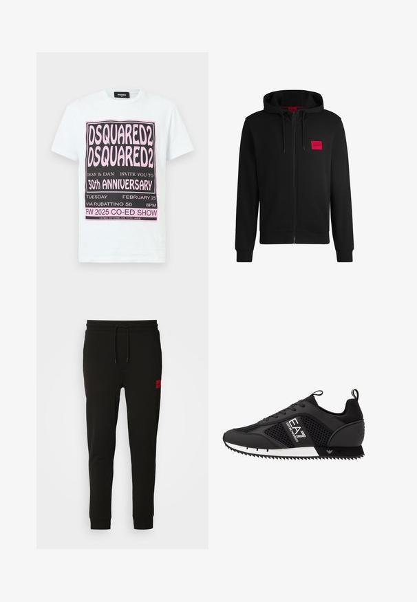 Svart hettejakke med glidelås laget av myk stoff, med et rødt rektangulært logo merke på venstre bryst og snorhette.; Hvit bomulls t-skjorte med svart og rosa grafisk tekst for DSQUARED2s 30-årsjubileum, korte ermer og rund hals.; Sorte joggebukser laget av myk stoff, med snor i midjen, slim fit, og en rød logo-pute på venstre lår.; EA7 Emporio Armani LACES UNISEX - Joggesko - black/white