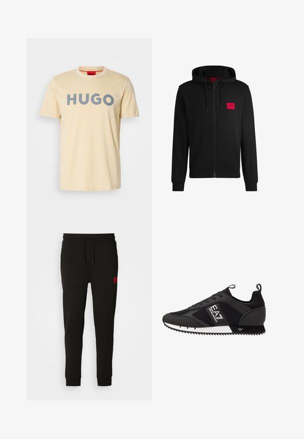 Sudadera negra con cremallera hecha de un tejido suave, con un parche rectangular rojo en el lado izquierdo del pecho y capucha con cordón.; Camiseta de algodón color beige claro con mangas cortas, que presenta un gran logo gris "HUGO" en el frente y un detalle rojo en el interior del cuello.; Pantalones de chándal negros hechos de tela suave, con cintura ajustable con cordón, corte slim y un parche de logo rojo en el muslo izquierdo.; EA7 Emporio Armani LACES UNISEX - Zapatillas - black/white