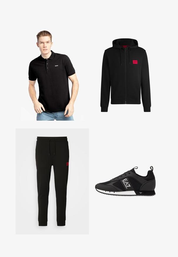 Črna zip-up kapuca iz mehkega blaga, z rdečim pravokotnim logotipom na levi strani prsnega koša in kapuco s vrvico.; Črna polo majica s ovratnikom, kratkimi rokavi in tremi gumbi. Na levi prsni strani je bel logotip "HUGO". Je iz mehkega bombažnega materiala.; Črne trenirke iz mehkega blaga, z vrvico v pasu, ozkega kroja in rdečim logotipom na levem stegnu.; EA7 Emporio Armani LACES UNISEX - Športni copati - black/white