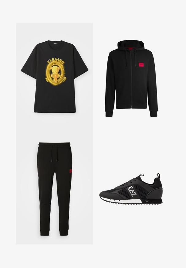 Black zip-up hoodie made of soft fabric, featuring a red rectangular logo patch on the left chest and drawstring hood.; Black short-sleeve t-shirt with yellow ornate oval frame, Medusa head sculpture, and "VERSACE" text on front.; Black sweatpants made of soft fabric, featuring a drawstring waist, slim fit, and a red logo patch on the left thigh.; EA7 Emporio Armani LACES UNISEX - Trainers - black/white