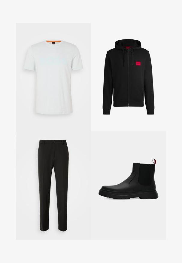 Sudadera negra con cremallera hecha de un tejido suave, con un parche rectangular rojo en el lado izquierdo del pecho y capucha con cordón.; Camiseta de algodón blanca con mangas cortas y cuello redondo. Presenta un logo "BOSS" en azul claro en la parte delantera y una etiqueta naranja.; Pantalones negros hechos de una tela suave, con piernas rectas, cierre de botón y un diseño clásico adecuado para ocasiones formales o informales.; Botín negro con un acabado liso, paneles laterales elásticos y una lengüeta de tirón roja contrastante, que presenta una suela de goma gruesa y punta redondeada.