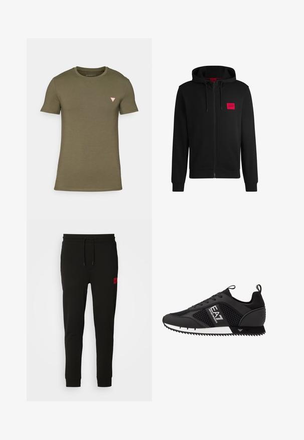 Fekete zipzáras kapucnis pulóver, puha anyagból készült, bal mellen piros téglalap alakú logóval és állítható kapucnival.; Rövid ujjú olívzöld pamut póló. Kerek nyakkal és egy kis piros háromszög logóval a bal mellen. Sima textúrájú.; Fekete melegítőnadrág puha anyagból, húzózsinóros derékkal, slim fit kialakítással, és egy piros logóval a bal combon.; EA7 Emporio Armani Sportcipő - black/white