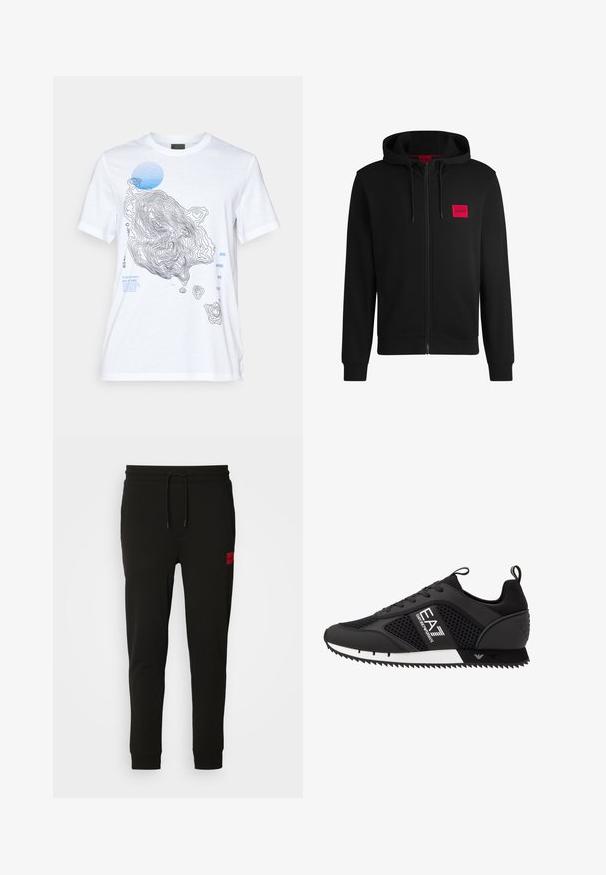 Melnā pieguļošā jaka ar rāvējslēdzēju, izgatavota no mīksta auduma, ar sarkanu taisnstūra formas logo uz kreisā krūtīm un regulējamu kapuci.; Balta kokvilnas T-kreklu ar topogrāfiska kartes dizainu melnā un zilā krāsā, ar tekstuāliem elementiem un apaļu zilu akcentu. Īsas piedurknes.; Melni sporta bikses, kas izgatavotas no mīksta auduma, ar regulējamu jostasvietu, šauru piegriezumu un sarkanu logo uz kreisā augšstilba.; EA7 Emporio Armani Treniņu apavi - black/white